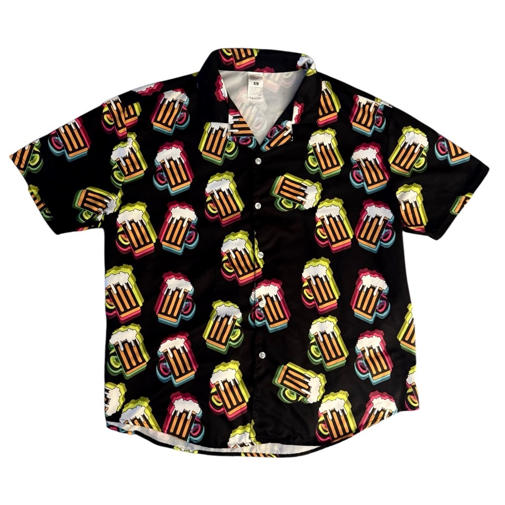 Men's Beer Mug Hawaiian Style Button-Up Shirt - Size XL - Black with Neon Print